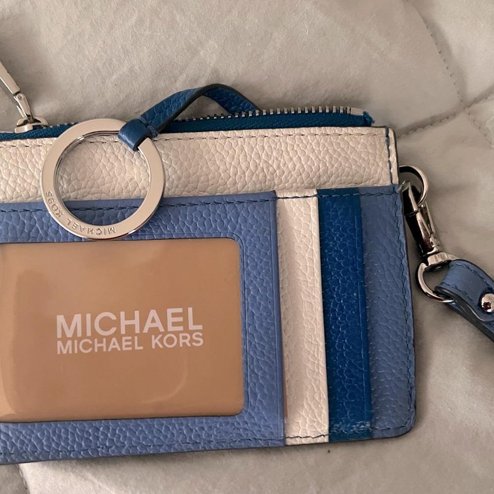 NWOT Michael Kors keychain strap wallet—royal & cobalt blues and white!
